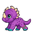 Catchy, a purple dinosaur with a cream horn and teal toes